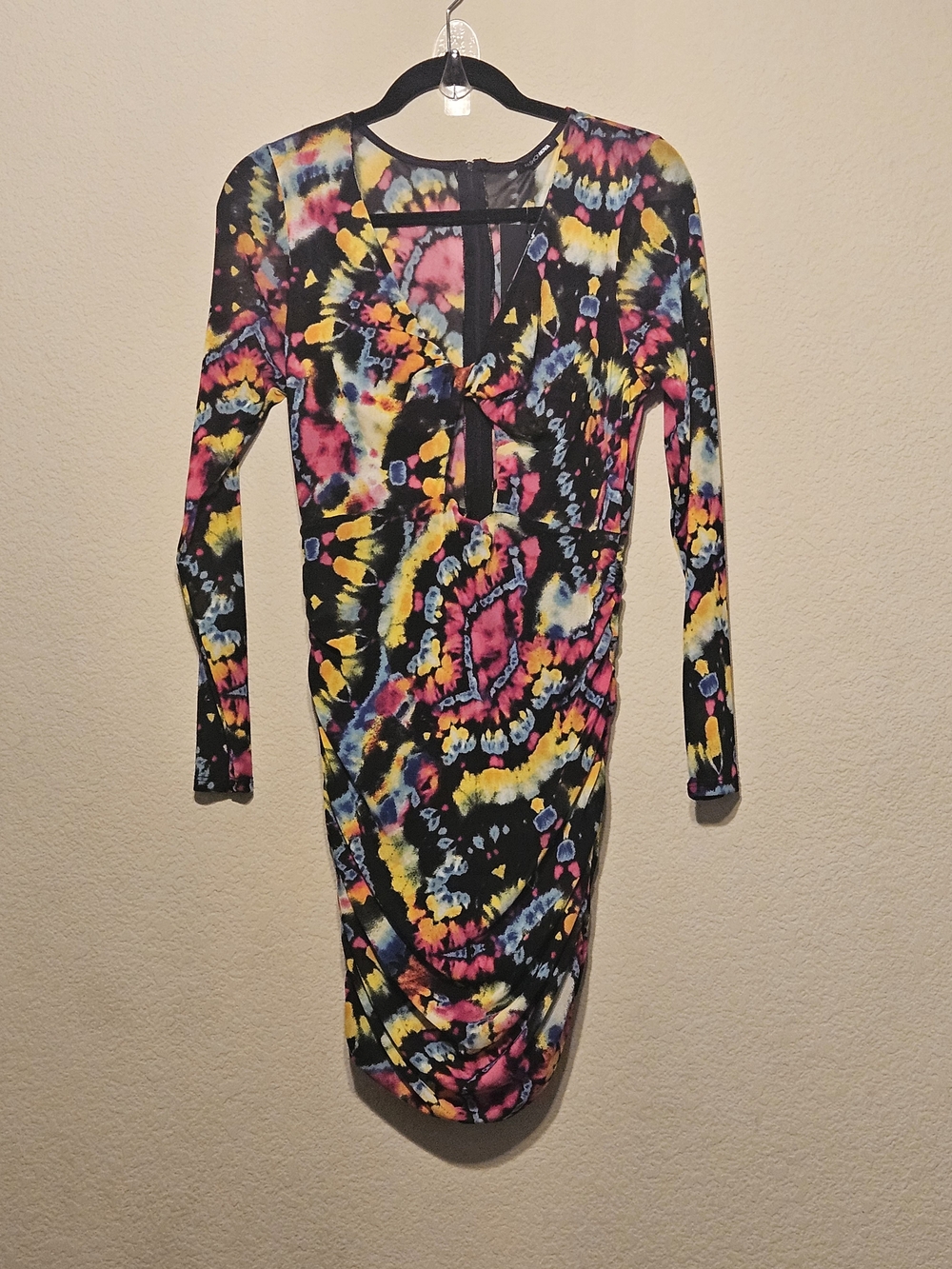 Fashion Nova Black Tie-Dye Long Sleeve Bodycon Dress with Pink, Yellow & Blue